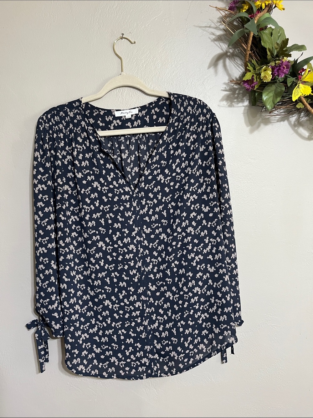 Navy Floral Tie-Cuff Blouse by Ann Taylor